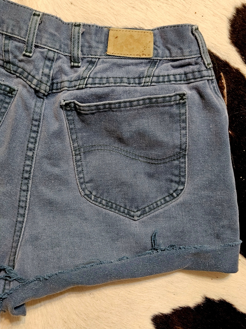 Vintage 1980s LEE Light Teal Blue Cutoff Denim Shorts Raw Hem High Waist 28"